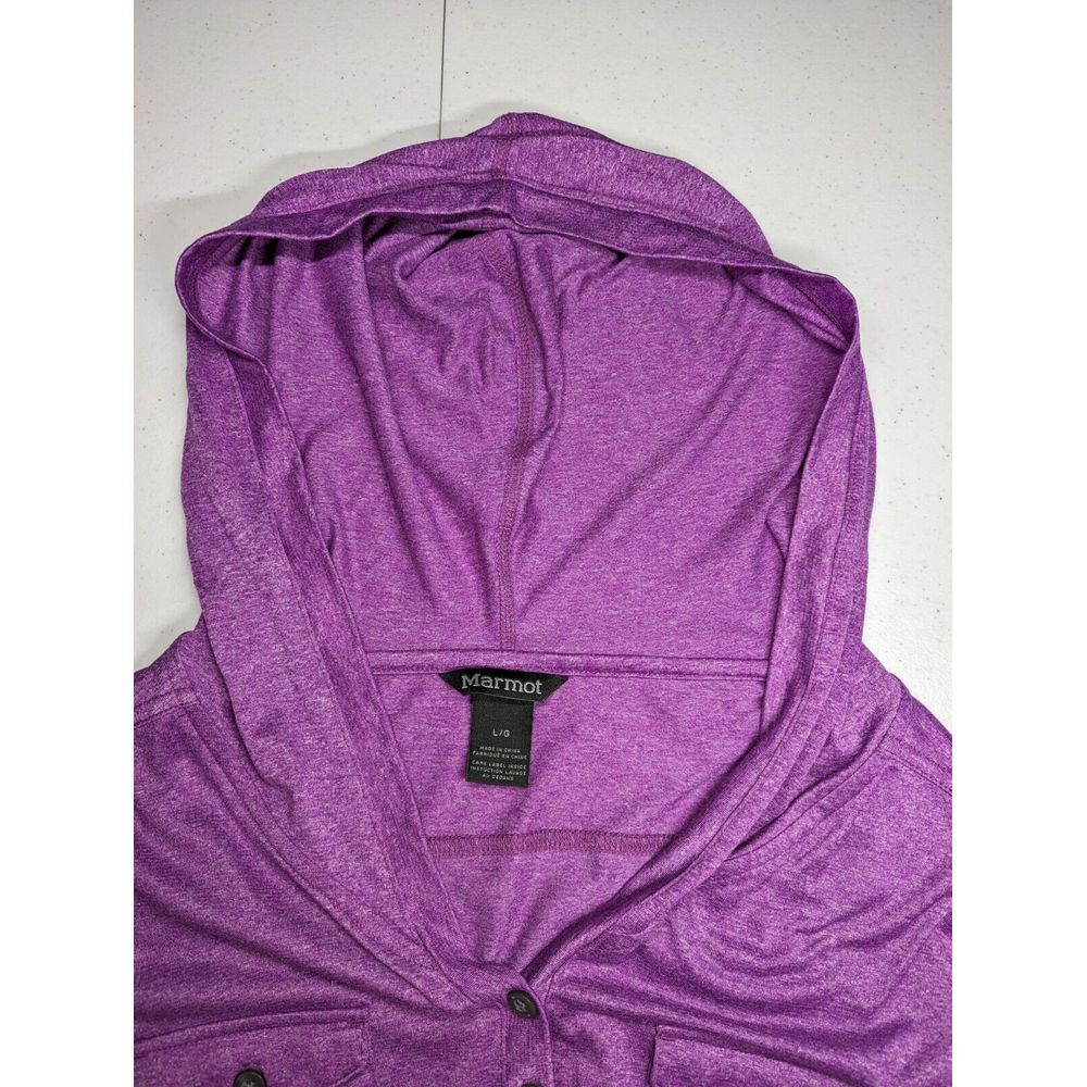 Marmot Womens Laura Hooded Button Shirt Large Purple Henley‎ Pullover Roll Tab - Picture 6 of 13